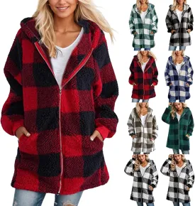 Plus Size Sherpa Jacket Women Plaid Oversized Fleece Full Zip Cardigan Sweater Comfy Fuzzy Winter Coat Hooded Outwear