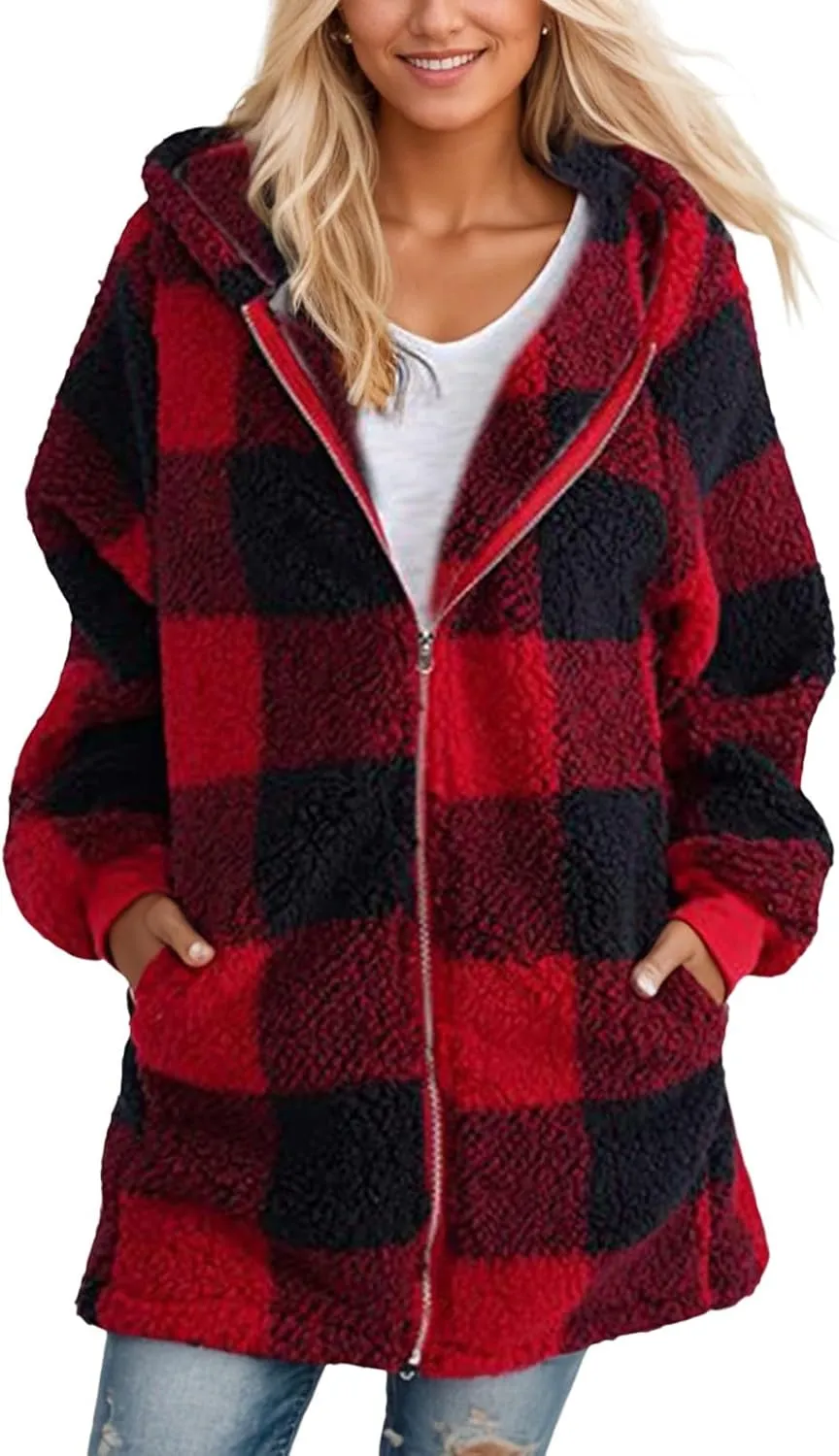 Plus Size Sherpa Jacket Women Plaid Oversized Fleece Full Zip Cardigan Sweater Comfy Fuzzy Winter Coat Hooded Outwear