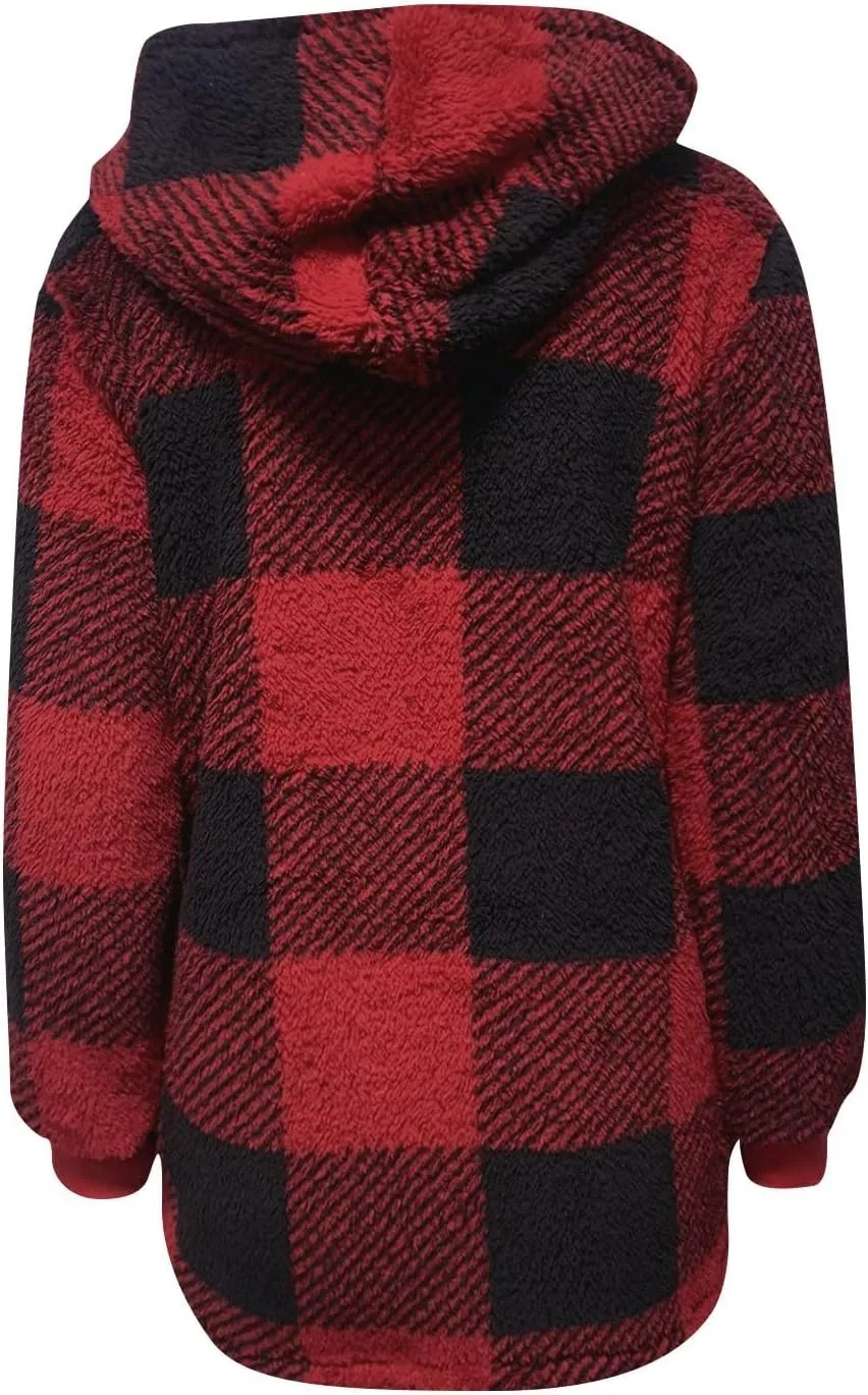 Plus Size Sherpa Jacket Women Plaid Oversized Fleece Full Zip Cardigan Sweater Comfy Fuzzy Winter Coat Hooded Outwear