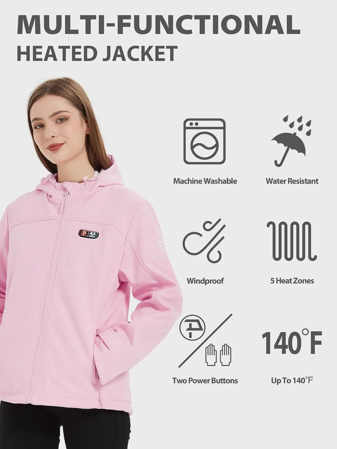 PTAHDUS Women's Heated Jackets 5 Heat Zones Battery Pack Included, with Hand Warmer Pocket
