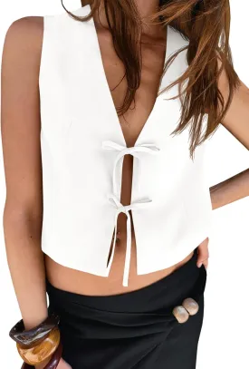 Tankaneo Womens Bow Tie Front Cropped Vest Tops Cute V Neck Sleeveless Shirts Summer Casual Y2k Going Out Tank Tops