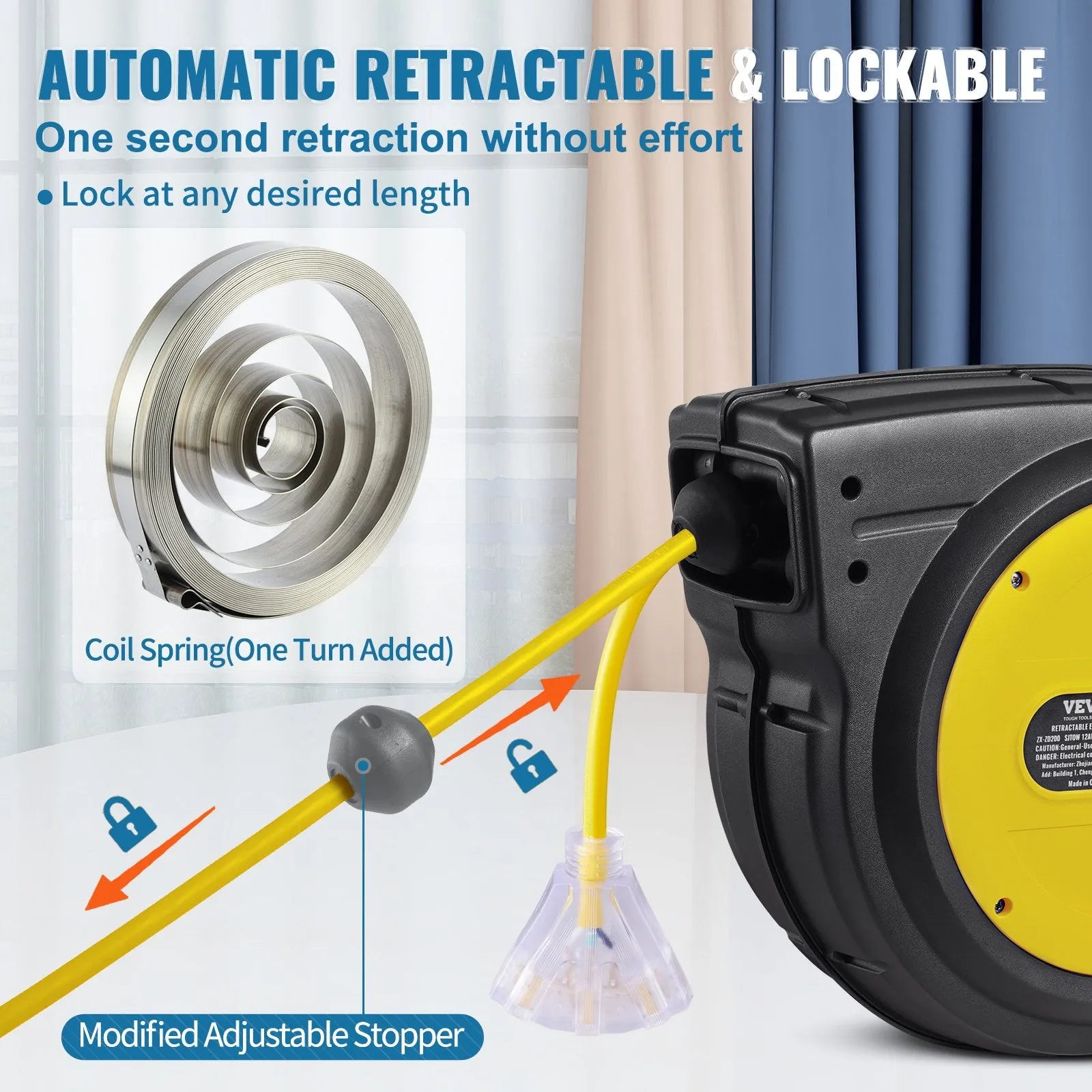Vevor Retractable Extension Cord Reel 80' Swivel Bracket 125V 12 AWG 3C SJTOW 3 Outlet Socket New