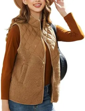 Women's Fuzzy Fleece Sherpa Vest Fall Winter Stand Collar Lightweight Sleeveless Outerwear Vest (S-5XL)