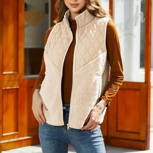 Women's Fuzzy Fleece Sherpa Vest Fall Winter Stand Collar Lightweight Sleeveless Outerwear Vest (S-5XL)
