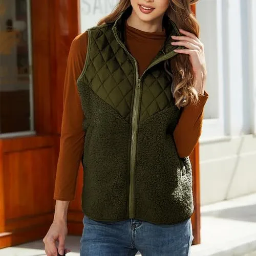 Women's Fuzzy Fleece Sherpa Vest Fall Winter Stand Collar Lightweight Sleeveless Outerwear Vest (S-5XL)