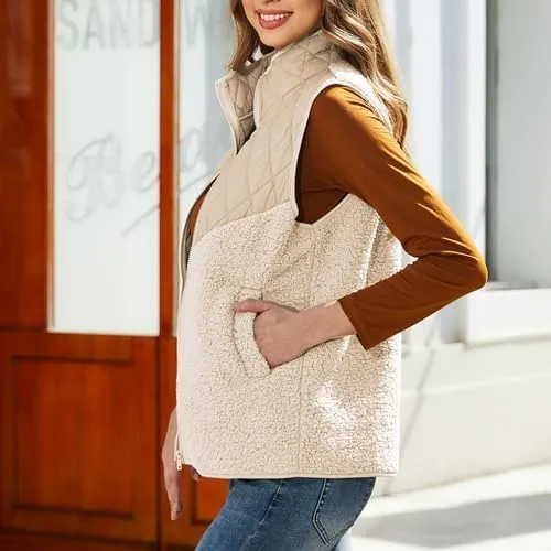 Women's Fuzzy Fleece Sherpa Vest Fall Winter Stand Collar Lightweight Sleeveless Outerwear Vest (S-5XL)