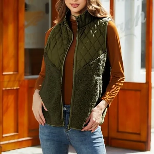 Women's Fuzzy Fleece Sherpa Vest Fall Winter Stand Collar Lightweight Sleeveless Outerwear Vest (S-5XL)