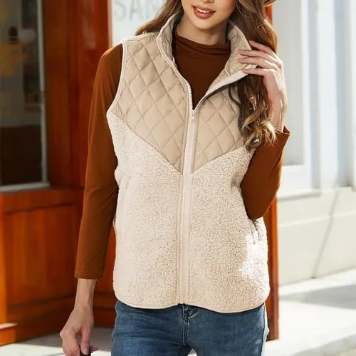 Women's Fuzzy Fleece Sherpa Vest Fall Winter Stand Collar Lightweight Sleeveless Outerwear Vest (S-5XL)