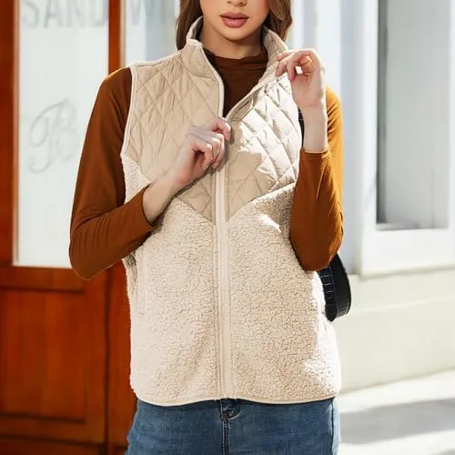 Women's Fuzzy Fleece Sherpa Vest Fall Winter Stand Collar Lightweight Sleeveless Outerwear Vest (S-5XL)
