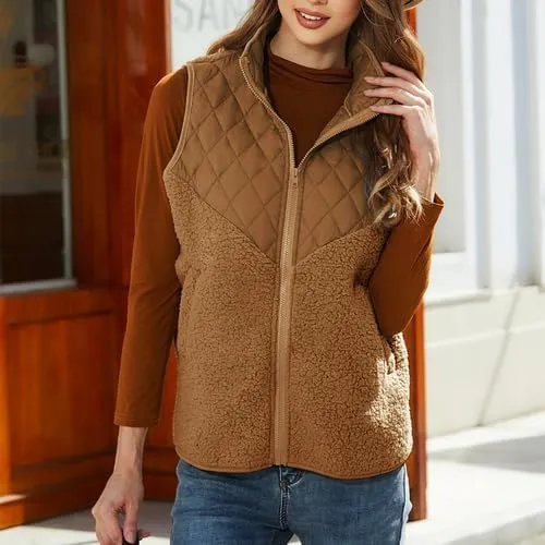 Women's Fuzzy Fleece Sherpa Vest Fall Winter Stand Collar Lightweight Sleeveless Outerwear Vest (S-5XL)