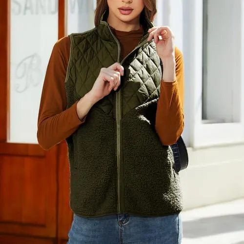 Women's Fuzzy Fleece Sherpa Vest Fall Winter Stand Collar Lightweight Sleeveless Outerwear Vest (S-5XL)