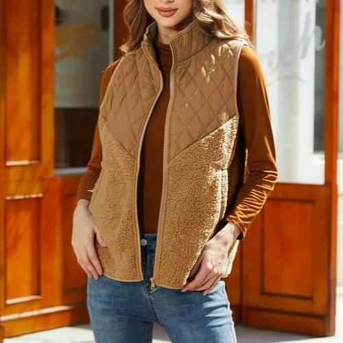 Women's Fuzzy Fleece Sherpa Vest Fall Winter Stand Collar Lightweight Sleeveless Outerwear Vest (S-5XL)