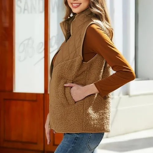 Women's Fuzzy Fleece Sherpa Vest Fall Winter Stand Collar Lightweight Sleeveless Outerwear Vest (S-5XL)