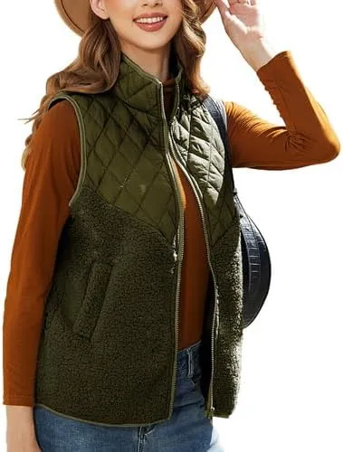 Women's Fuzzy Fleece Sherpa Vest Fall Winter Stand Collar Lightweight Sleeveless Outerwear Vest (S-5XL)