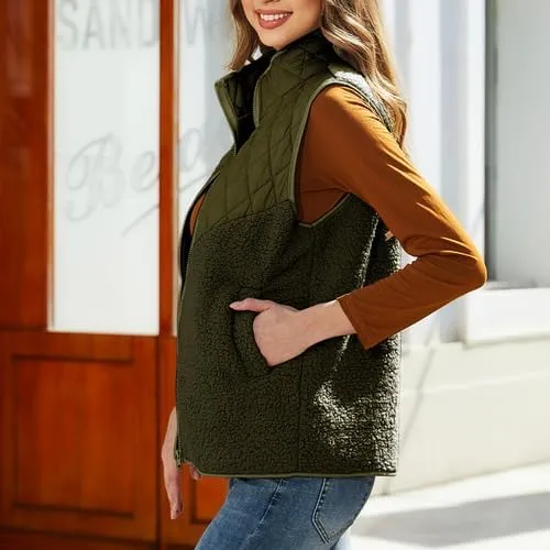 Women's Fuzzy Fleece Sherpa Vest Fall Winter Stand Collar Lightweight Sleeveless Outerwear Vest (S-5XL)