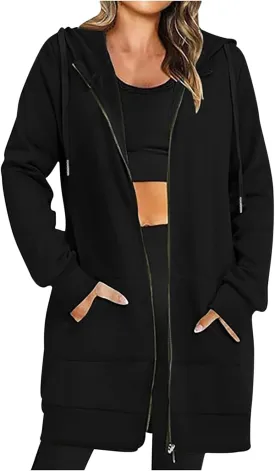 Womens Longline Hoodie Fall Winter Full Zip up Drawstring Sweatshirt Ladies Knee Length Pullover Hooded Jacket Pocket