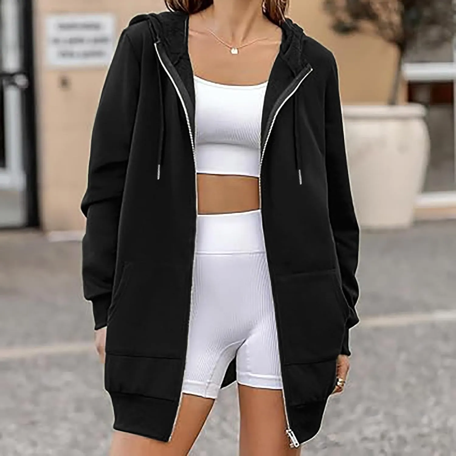 Womens Longline Hoodie Fall Winter Full Zip up Drawstring Sweatshirt Ladies Knee Length Pullover Hooded Jacket Pocket