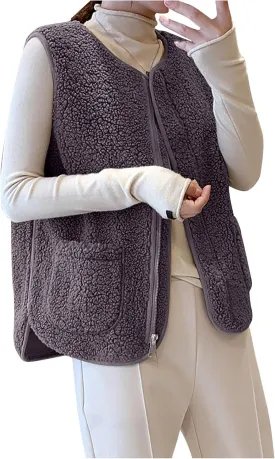 Womens Oversized Fleece Vest 2024 Sleeveless Fuzzy Sherpa Jacket Fall Winter Button Down Outerwear with Pockets
