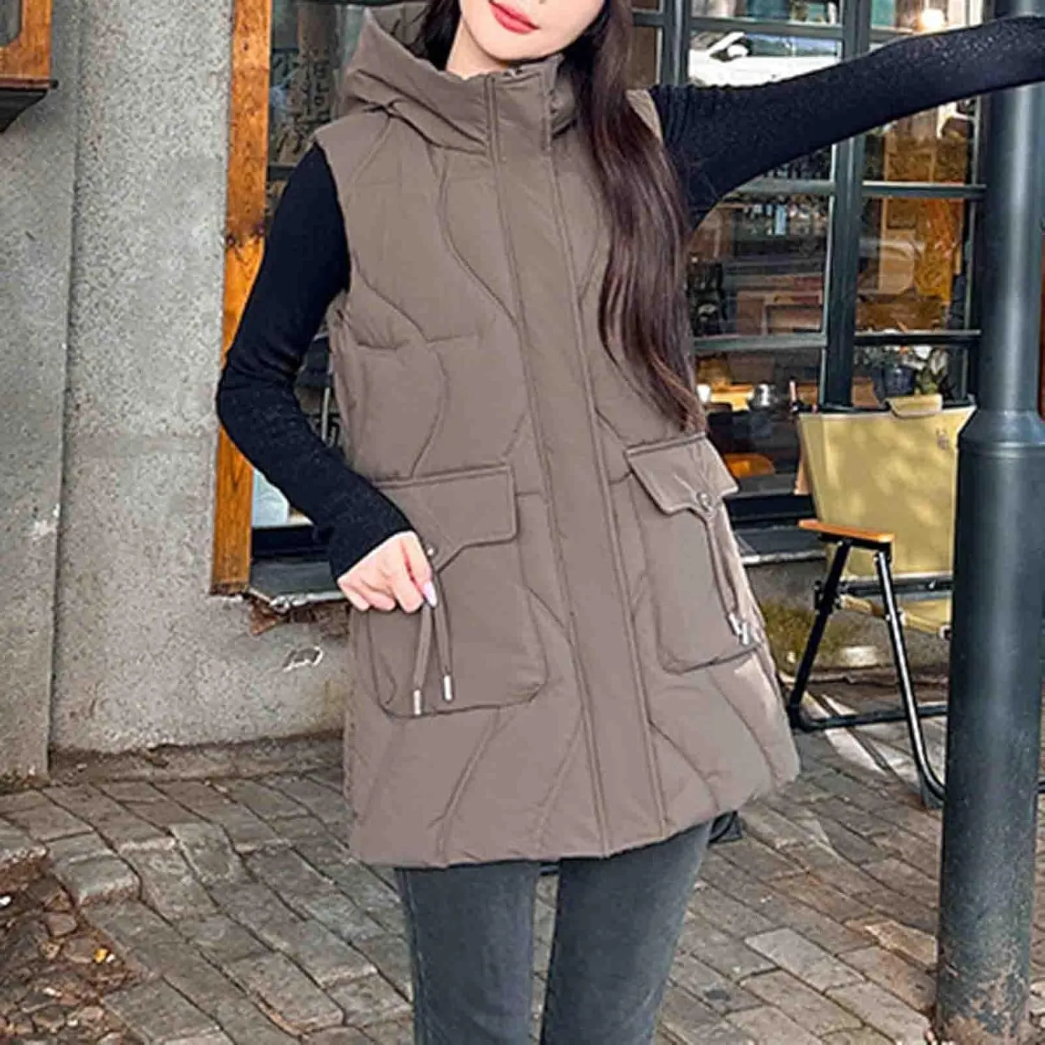 Women's Tunic Puffer Vest Insulated Hooded Sleeveless Quilted Jackets Winter Outwear Warm Gilet Coats with Pockets