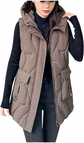 Women's Tunic Puffer Vest Insulated Hooded Sleeveless Quilted Jackets Winter Outwear Warm Gilet Coats with Pockets