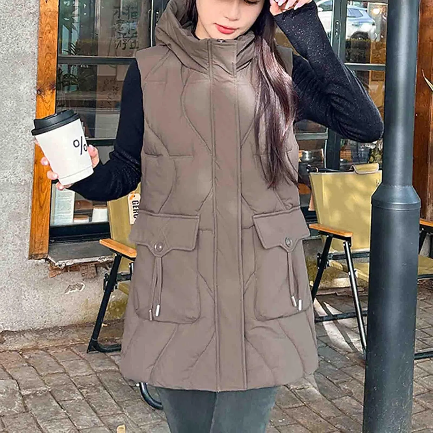 Women's Tunic Puffer Vest Insulated Hooded Sleeveless Quilted Jackets Winter Outwear Warm Gilet Coats with Pockets