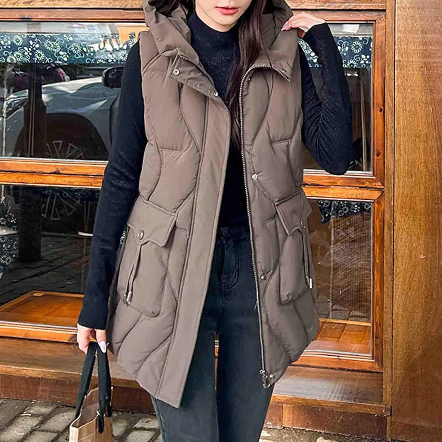 Women's Tunic Puffer Vest Insulated Hooded Sleeveless Quilted Jackets Winter Outwear Warm Gilet Coats with Pockets