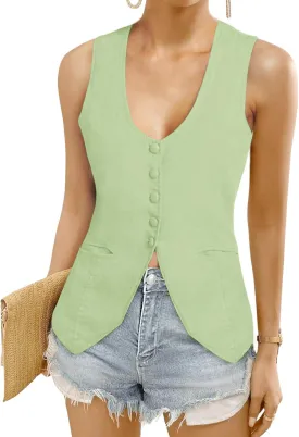 Womens Vest Top Trendy V Neck Summer Sleeveless Blazer Vest Waistcoat Linen Cotton Tank Tops 2025