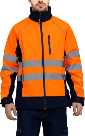 WORK IDEA Men's Safety Jacket High Visibility Reflective Softshell Jacket Hi-Vis Waterproof and Windbreaker with Fleece Lined