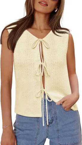 Yousify Womens Tie Front Sweater Vest 2025 Summer Sleeveless Crochet Knit Tops Lightweight Cardigan Sweaters Outfits